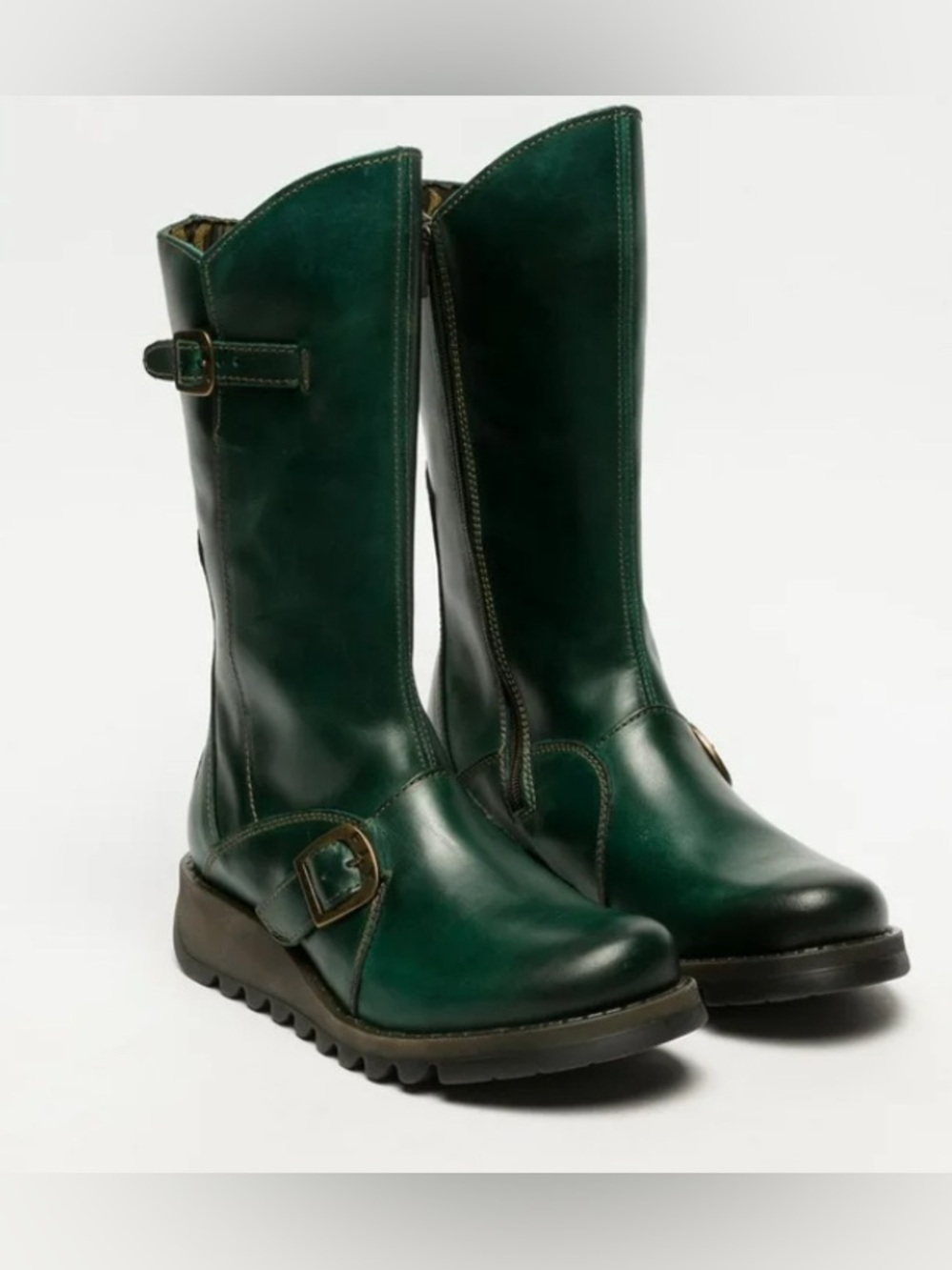 VGUC FLY London Green MES 2 Wedge Heel Buckle Mid-Calf Leather Zip Platform Boot